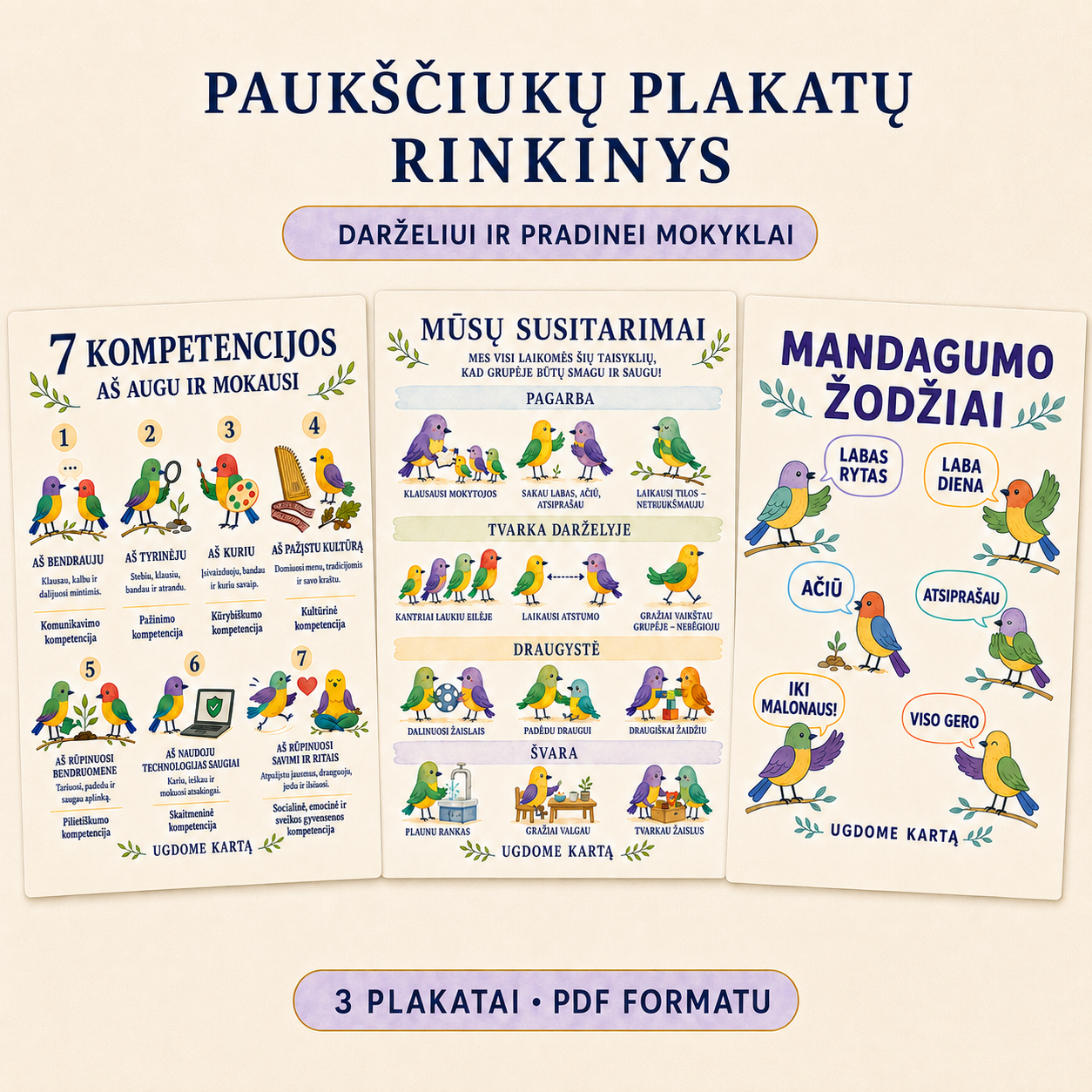 Mūsų susitarimai ir mandagumo žodžiai - 3 plakatų rinkinys. PDF formatu.