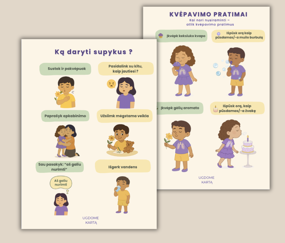 Plakatų rinkinys: ką daryti supykus ir kvėpavimo pratimų rinkinys.