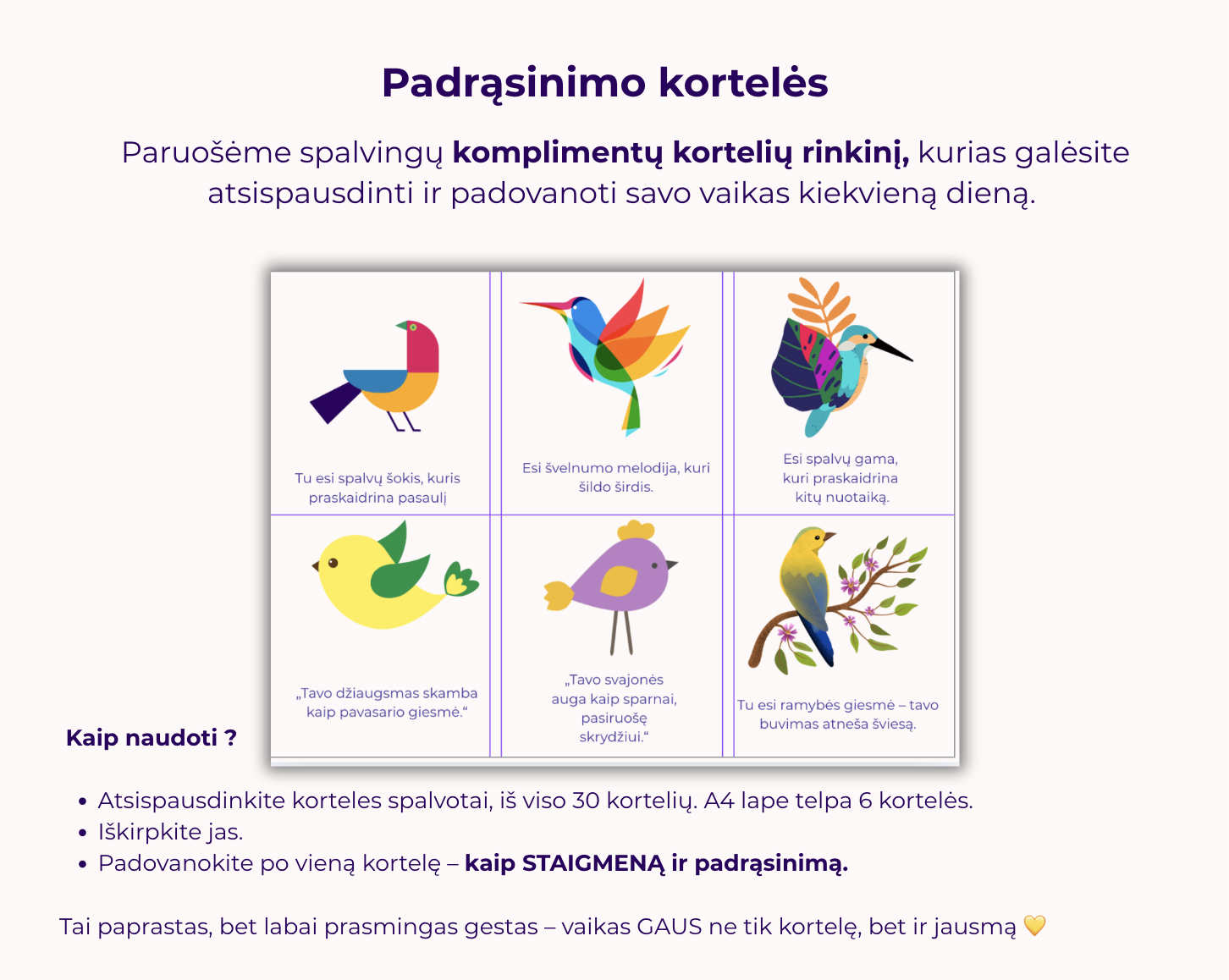 Įkvepiančios komplimentų kortelės PDF formatu.
