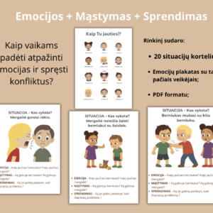 Emocijų ir konfliktų sprendimų kortelės vaikams (PDF rinkinys). Rekomenduojama vaikams 5-7 m.