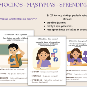 24 kortelių rinkinys „Vaiko konfliktai su savimi“. Skirta - mokyklinio amžiaus vaikams.