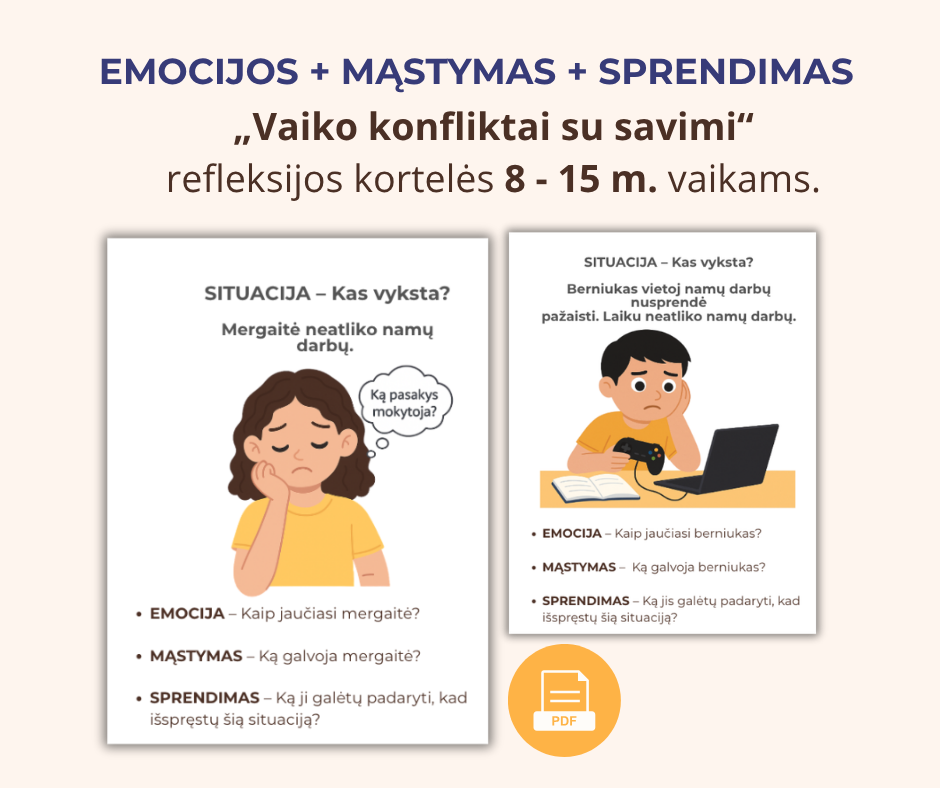 24 kortelių rinkinys „Vaiko konfliktai su savimi“. Skirta - mokyklinio amžiaus vaikams.