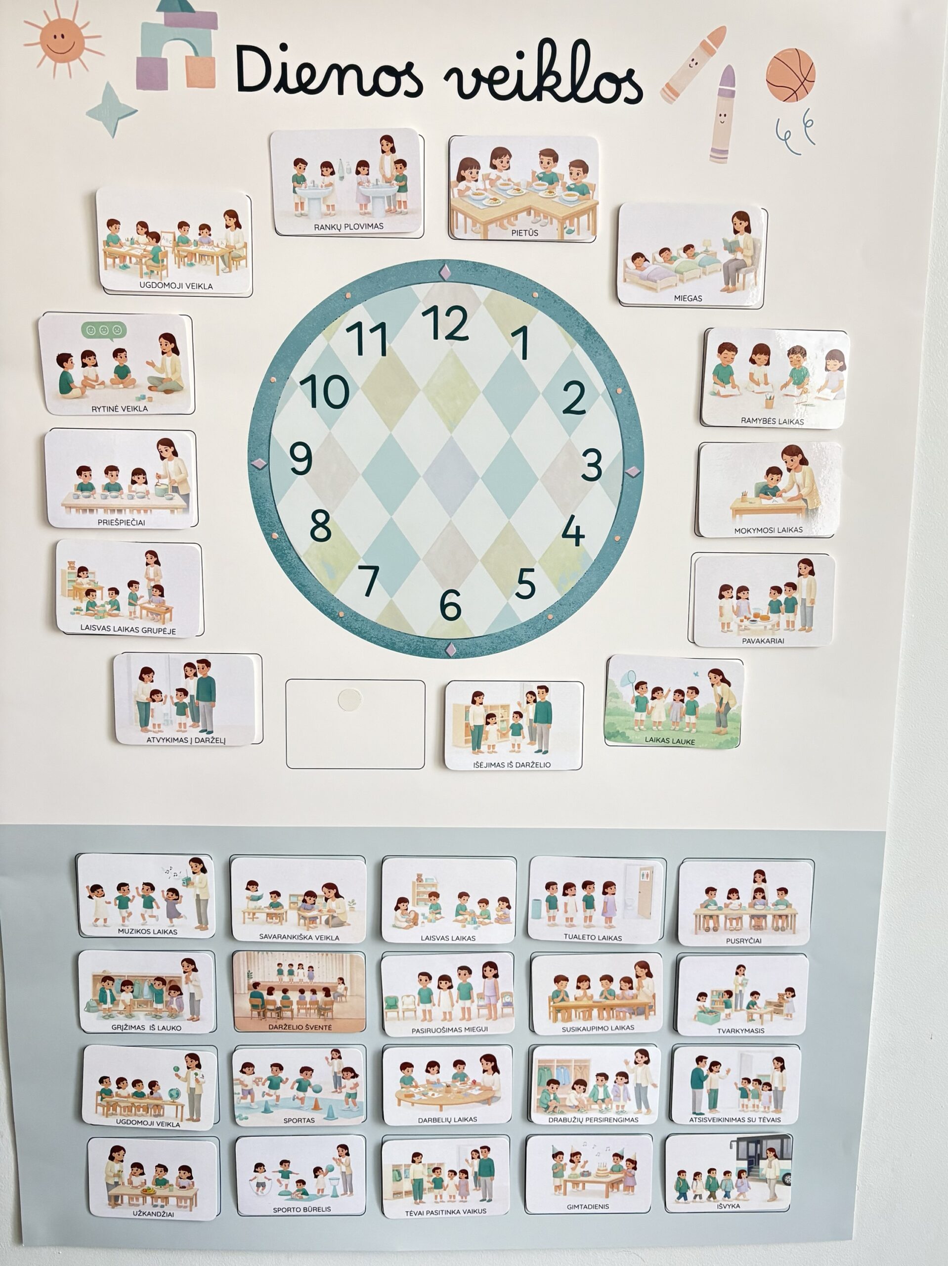Vizualinė darželio dienos veiklų sistema.