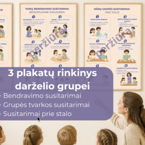 bendravimo susitarimai, grupės tvarkos susitarimai ir susitarimai prie stalo. Vizualūs plakatai vaikams, padedantys kurti aiškesnę, ramesnę ir tvarkingesnę darželio grupės kasdienybę.