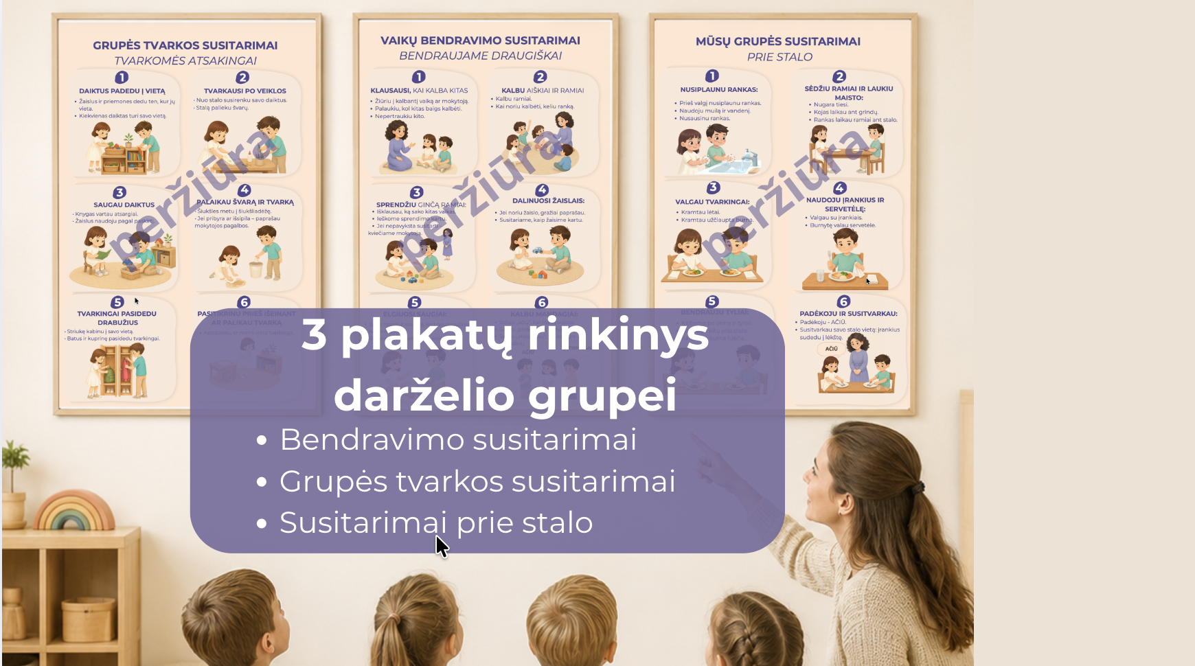 bendravimo susitarimai, grupės tvarkos susitarimai ir susitarimai prie stalo. Vizualūs plakatai vaikams, padedantys kurti aiškesnę, ramesnę ir tvarkingesnę darželio grupės kasdienybę.