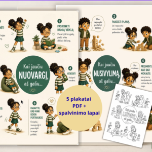 5 emocijų plakatai ir spalvinimui skirti lapai PDF formatu.