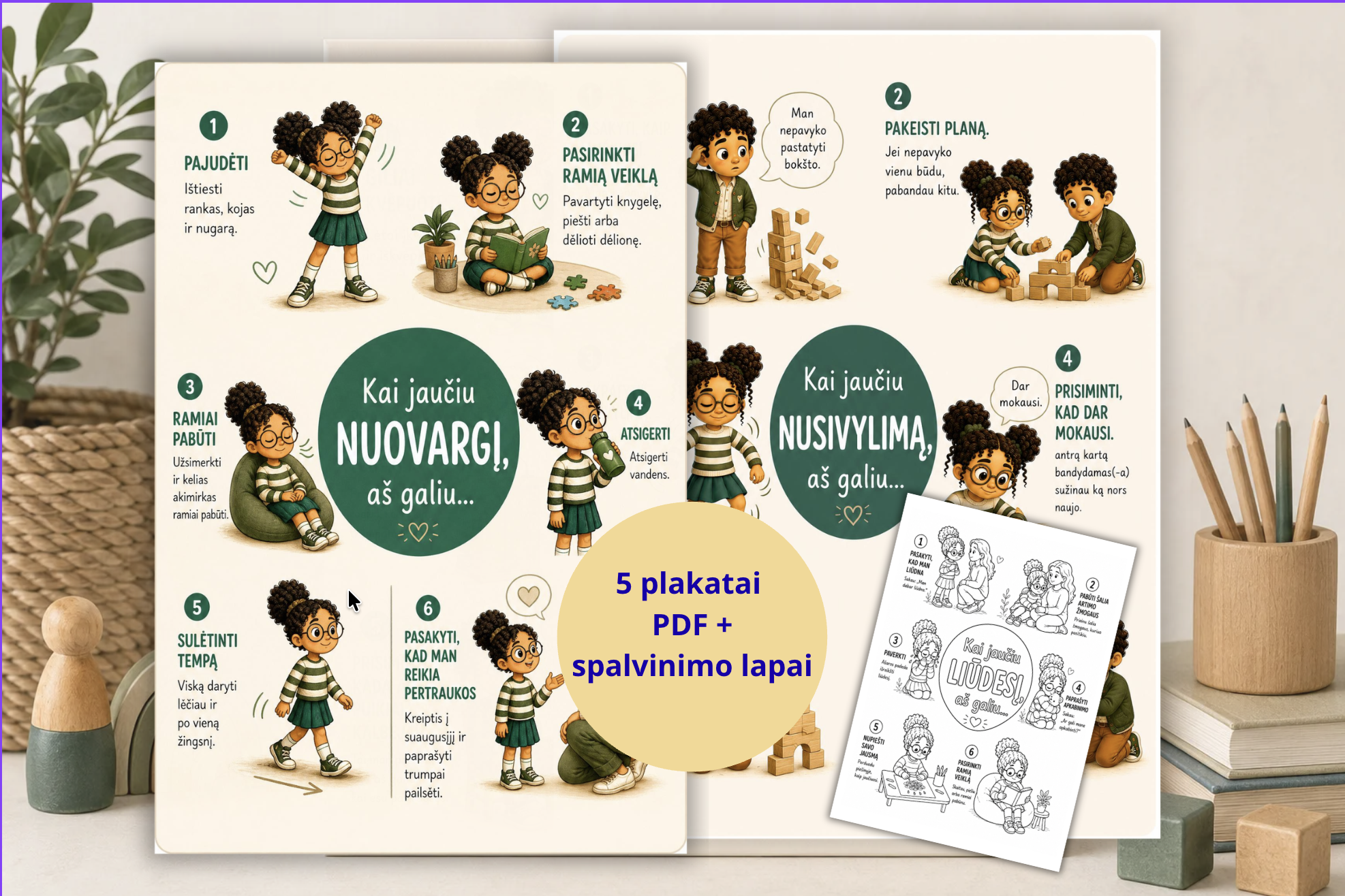 5 emocijų plakatai ir spalvinimui skirti lapai PDF formatu.