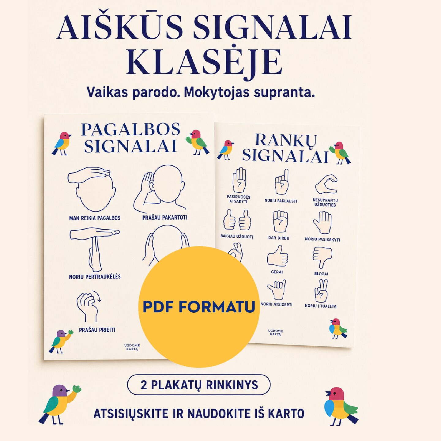 Rankų ir pagalbos signalų PDF plakatai.
