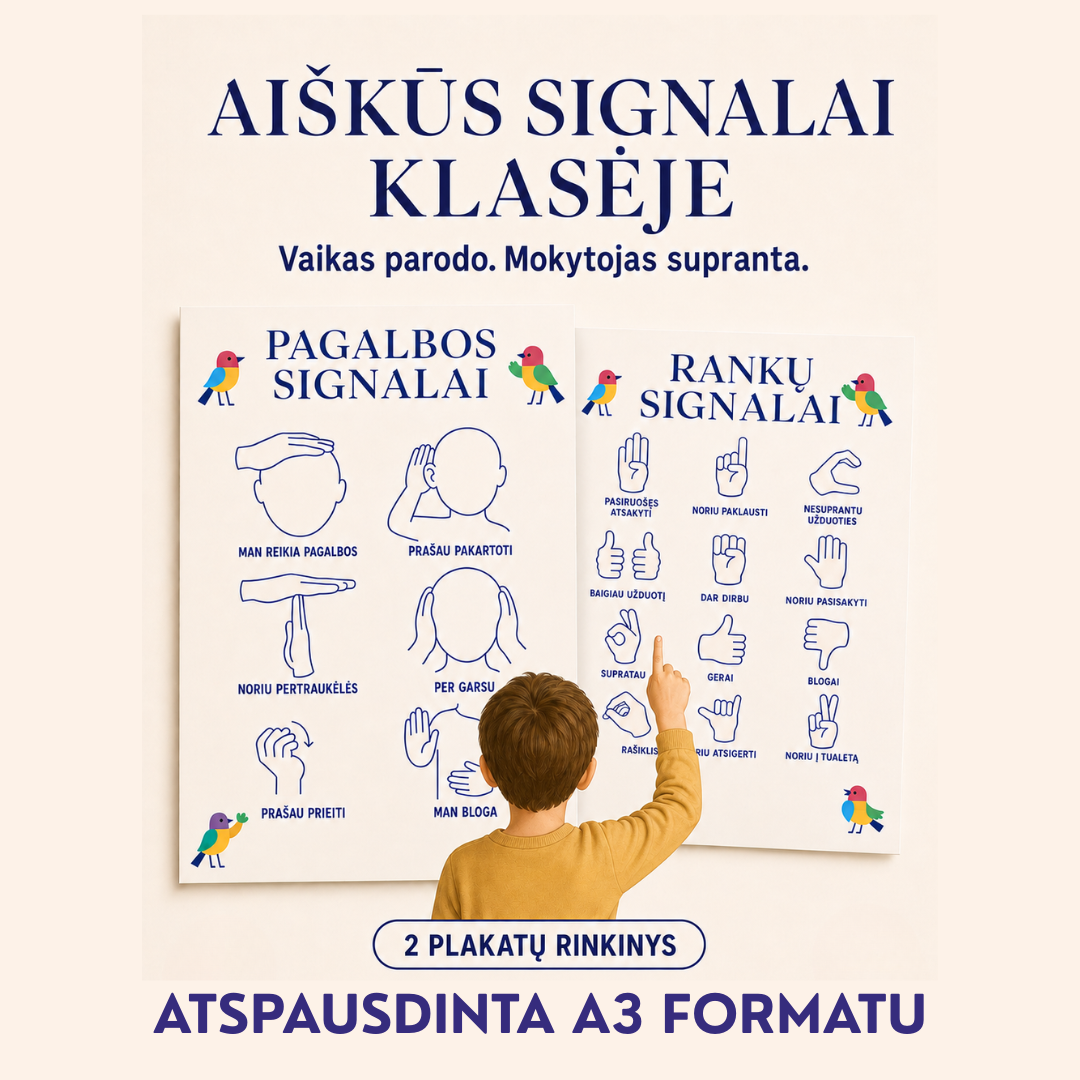 Rankų ir pagalbos signalų plakatai. ATSPAUSDINTI (A3 formatu).