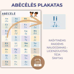 32 lietuviškos raidės – spausdintinės ir rašytinės viename plakate. PDF formatu.