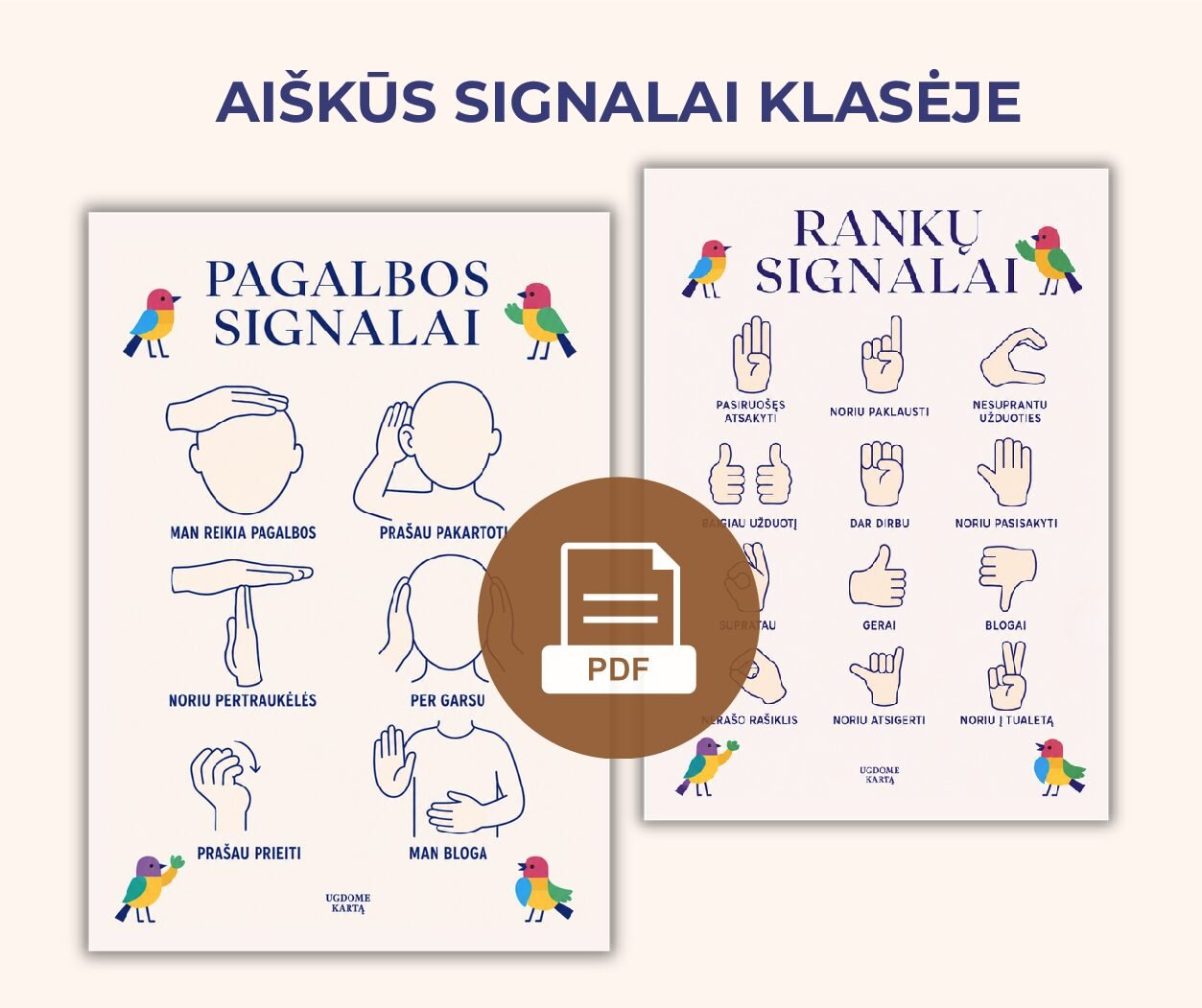 Rankų ir pagalbos signalų PDF plakatai.