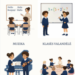 27 vizualinės (1-4 klasių) pamokų ir pertraukų kortelės, PDF formatu.