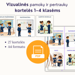 27 vizualinės (1-4 klasių) pamokų ir pertraukų kortelės, PDF formatu.