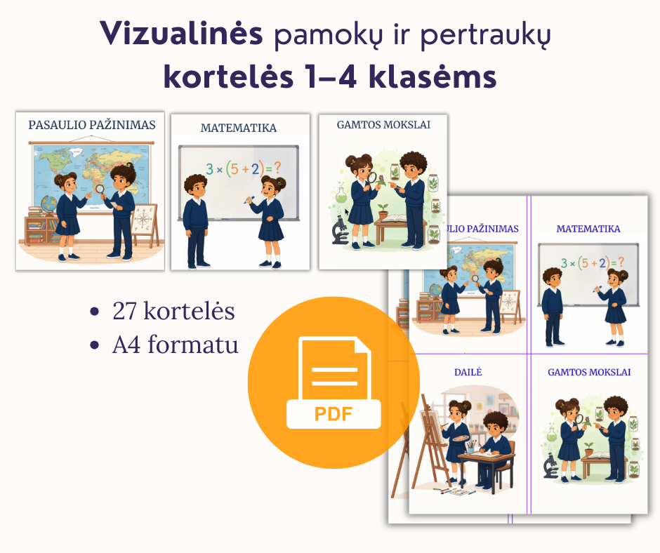 27 vizualinės (1-4 klasių) pamokų ir pertraukų kortelės, PDF formatu.